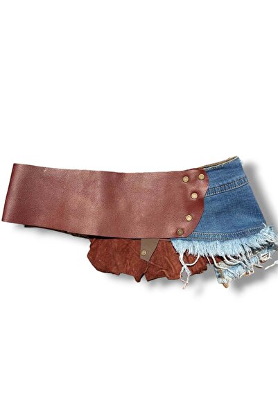 Yılday Gür Butik Meadow Denim Detailed Wrinkled Genuine Leather Belt - Handmade Bohemian Design