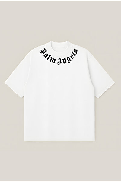 Moon Dancer Palm Angels Neck White Logo Printed Oversize Boxy Cut Unisex 100%...