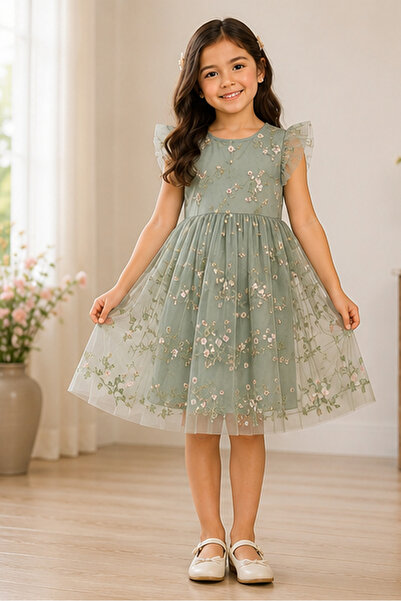 Cortigiani Girls Three-Layer Dress in Self Embellished Mesh Fabric