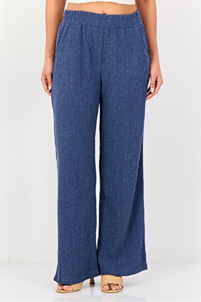 Trend Alaçatı Stili Women Regular Fit Textured Palazzo Pants, Navy Blue