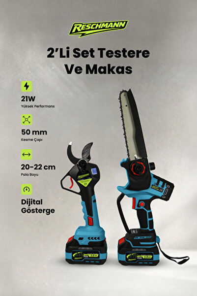 R-9908-9108 2'li Set Şarjlı Testere ve Budama Makası (21V - 3.0 Ah - Dijital Göstergeli)