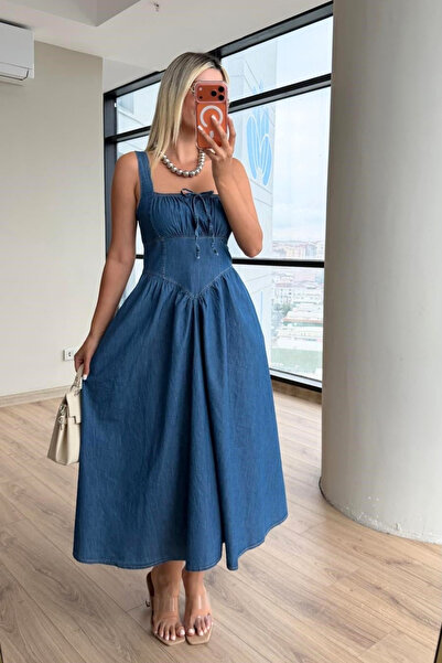 SHILSEE BEUTİQUE Rochie din denim pentru femei, cu bretele și piept strâns, a...