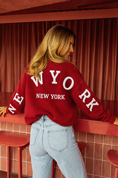 GIA - ART Women's Oversize Sweatshirt Wyo Ny 3D Puffy Print Red – Crew Neck, ...