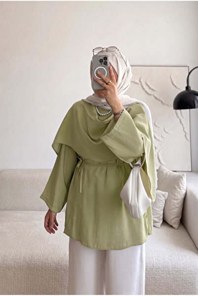 HİFADEN Kadın Şal Yaka Kuşaklı Salaş Drapeli Uzun Kollu Oversize Modern Teset...