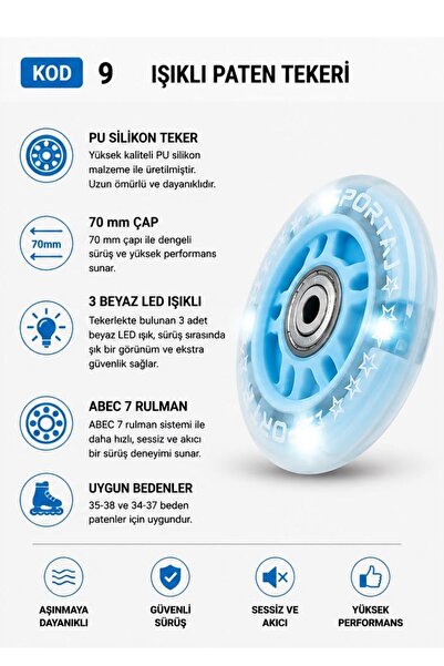Sportaj 70 mm Beyaz Led Işıklı Mavi Paten Tekeri PU Silikon Abec 7 Rulmanlı KOD 9
