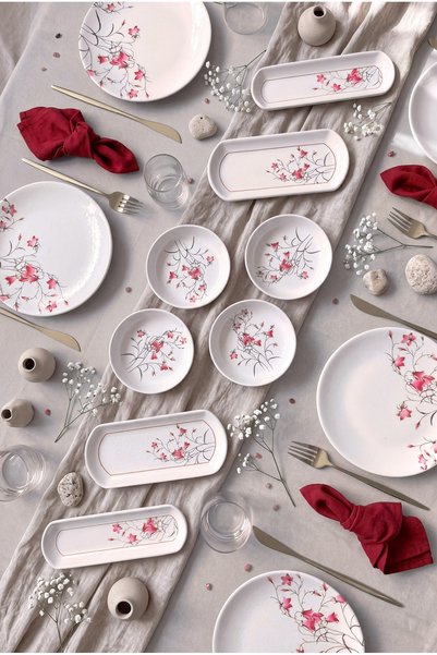 Yiğit Seramik Züccaciye Pink Crocus Series 6-Person 14-Piece Modern Breakfast/Brunch Set