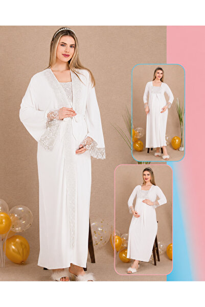 Generic Brand White Lace Detailed Maternity Nightgown & Dressing Gown 2-Piece...