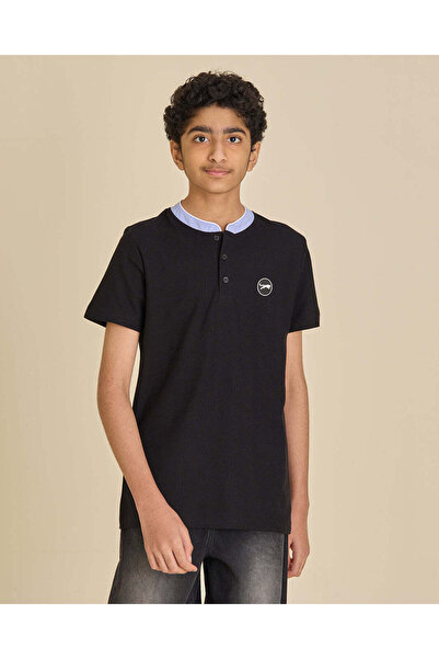 REDTAG Senior Boys Black Mandarin Collar T-Shirt
