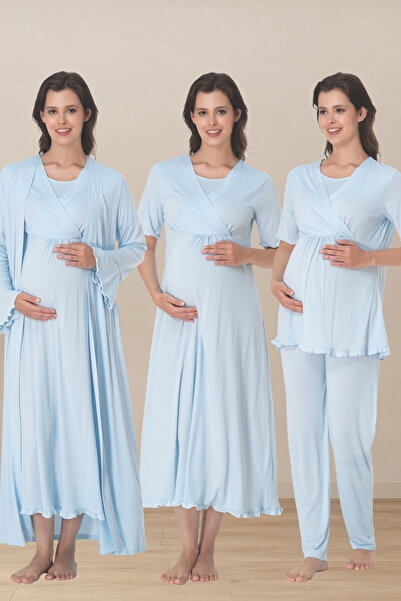 Effortt Venera Women's Ecru Cotton 4-Piece Maternity & Pregnancy Pajamas, Nig...