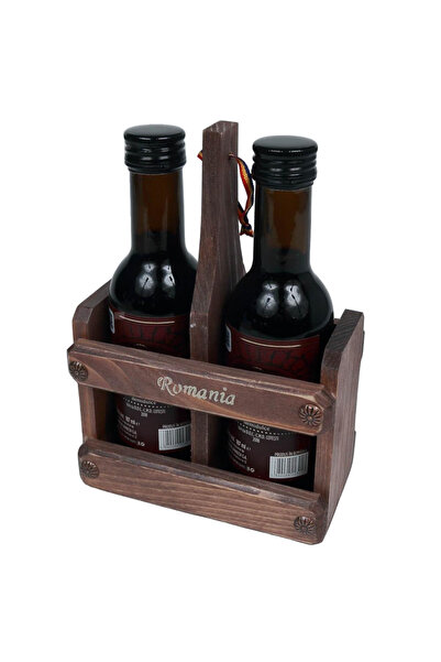 LimArt Suvenir Minibar Traditional Romania - Suport Dublu din Lemn cu 2 Sticl...