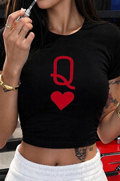 ZAVIXO Γυναικείο T-shirt Crop Slim Fit Queen Heart με στάμπα, 100% βαμβάκι – ...
