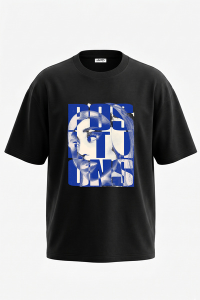 Anetos Halftone Yuz Design Printed Oversize Black T-Shirt