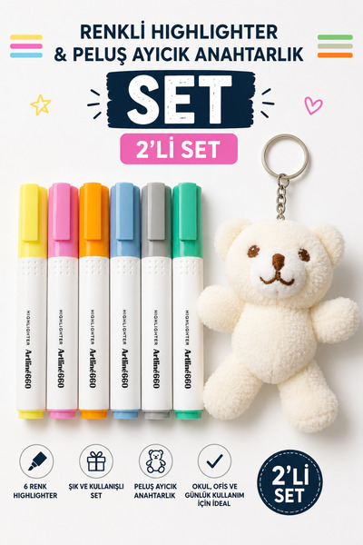 TOMBİ-X 6 Colors Pastel Highlighter Pen Set and Stationery Set with Plush Ted...