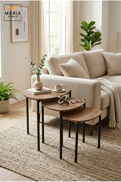 MARIA HOMES Set of 3 Nesting Coffee Tables with Wooden Tops and Slim Metal Le...