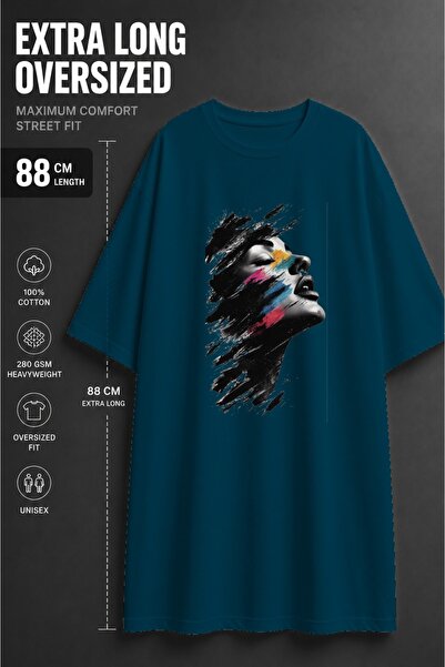 classy moda Unisex Oversized Extra Long Colorful Paint Effect Face Printed T-...