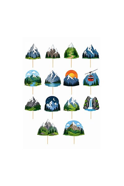 DecoParty Set de decor pentru tort – Tematică Munți, 14 piese, Carton, Bețe d...