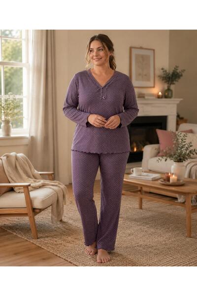 DERYA Women's Plus Size Lace Collar Bamboo Long Sleeve Slim Pajama Set 8142L ...