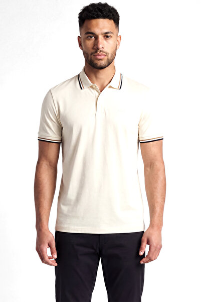 BOSS Men's Cotton Polo Collar Button Closure Short Sleeve Ecru Polo Collar T-...