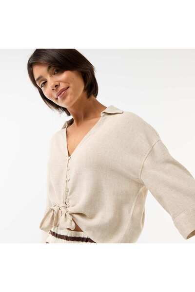 KIABI Oversized Cropped Tie-Front Shirt BEIGE
