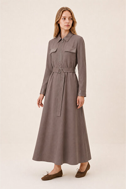 Zühre Zippered Belted Pocketed Brown Dress 0552