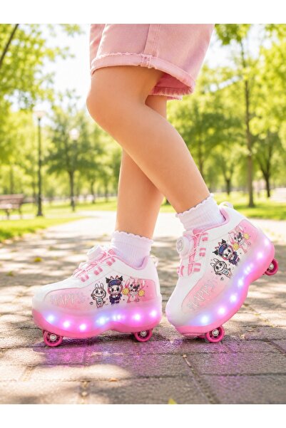 minibonito Çocuk Şarj Edilebilir LED Işıklı Paten Ayakkabı Düğmeli Açılır Tek...