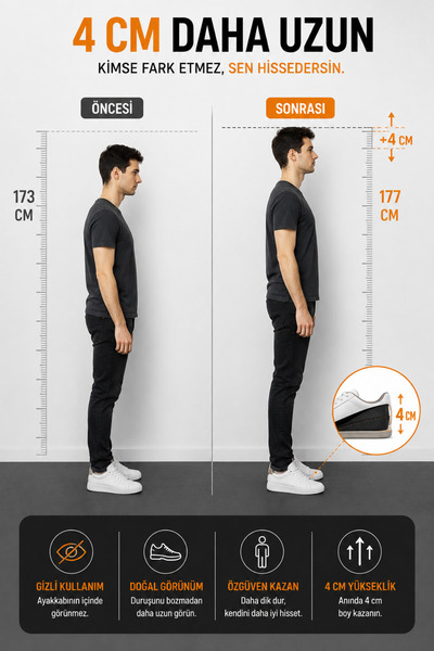pierrebella 4 Cm Boy Uzatıcı Tabanlık Etklileyici Gizli Boy Uzatan Ayakkabı Tabanlığı Siyah
