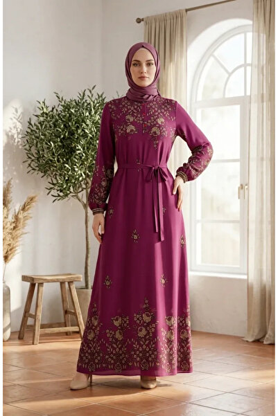 sefamerve Viscose Fabric Floral Patterned Hijab Dress 0340-01 Plum