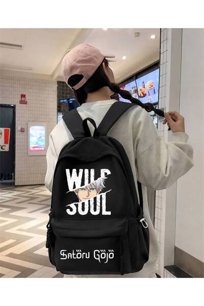 Minga London Rucsac negru cu imprimeu Wild Soul Satoru Gojo pentru școală, bi...
