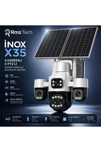 RMZTECH İnox X35 4 Kameralı 3 PTZ 10X Optik Zoom 4G eSIM Solar PTZ Güvenlik Kamerası