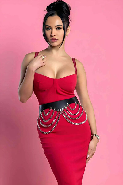 Angels Passion حزام خصر من الجلد الأسود مع تفاصيل سلسلة