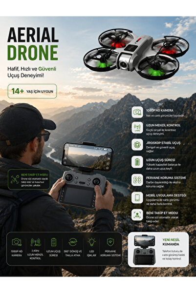 Aerial DRONE Katlanabilir Kameralı Mini Drone – Kumandalı ve Telefon Bağlantılı