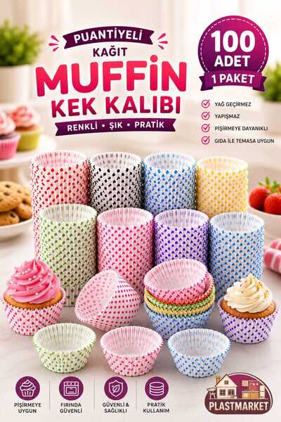 PLASTMARKET Puantiyeli Muffin Kek Kalıbı | Renkli Kağıt Kek Kapsülü | Yağ Geç...