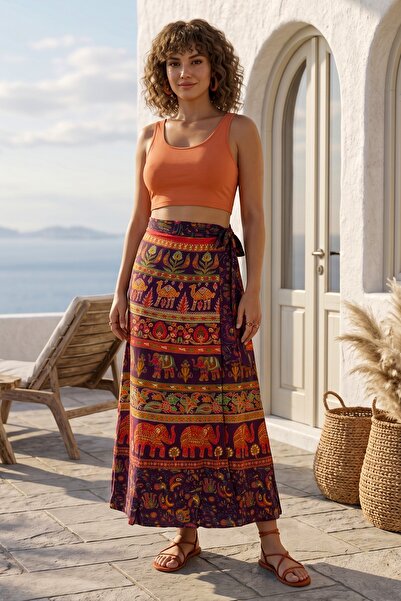 Chiccy Purple Tie-Waist Allover Printed Casual Cotton Long Wrap Woven Skirt 1...