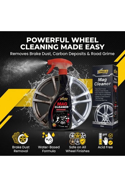 SHIELD Mag Cleaner Wheel & Alloy Cleaner Trigger Spray 500ml Water-Based Formula Removes Carbon Deposits, Brake Dust & Road Film Safe for Alloy, Clear Coat, Sealed & Plastic Coated Wheels
