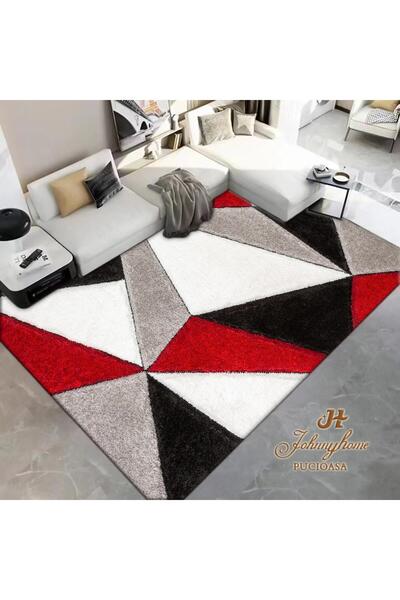 CumparaMisim Covor 100x200cm pentru Dormitor si Living, Gri - Rosu - Alb - Negru