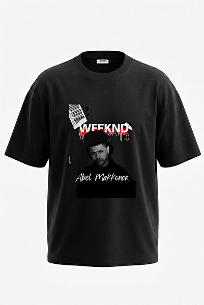 Anetos The Weeknd_4 Σχεδιαστικό εμπριμέ μπλουζάκι σε μεγάλο μέγεθος, μαύρο