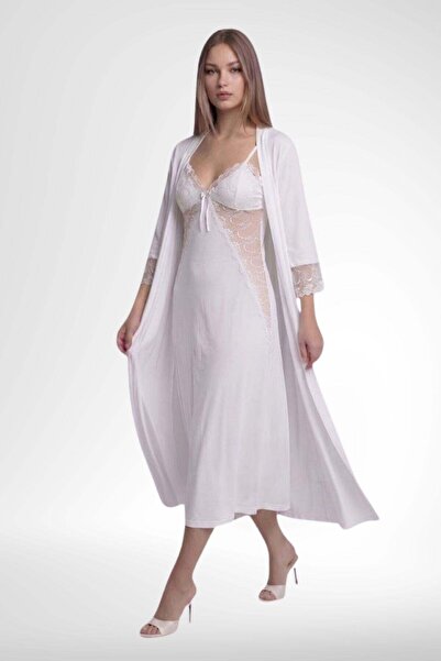 Mecit Pijama Mecit 6380 Ecru Women's Viscose Fabric Nightgown and Dressing Go...