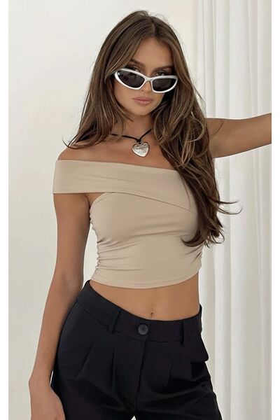 World Fashion Trends Cross Collar Madonna Collar Crop Top Stretchy Sandy Blouse