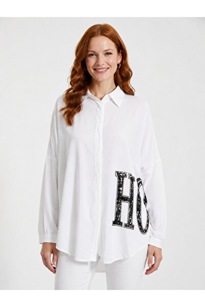 Neden Tekstil White Women's Oversize Shirt with Black Sequin Detail