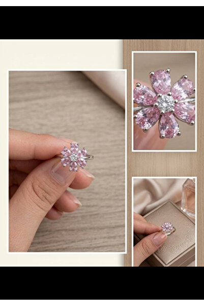 Hiis Store Women's Pink Flower Figured Zircon Stone Ring ⁠