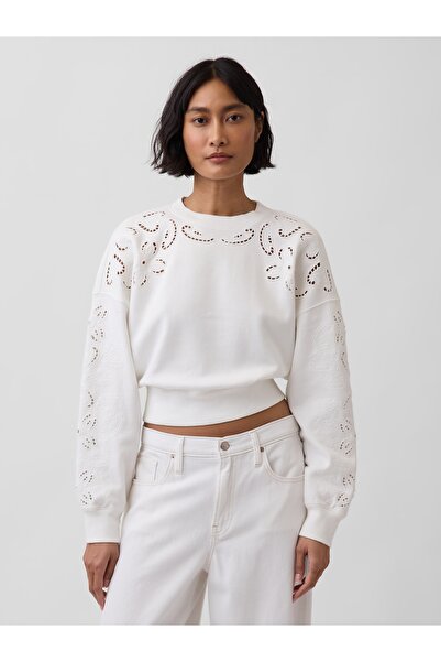 GAP Kadın Beyaz VintageSoft Oversized Eyelet Crop Sweatshirt