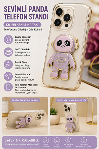 Hatreds Panda Tasarımlı 360° Döner Yapışkanlı Telefon Kılıfı Standı Mor