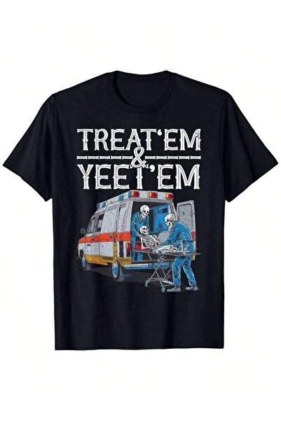 45 BPM تي شيرت أسود بتصميم "TREAT'EM & YEET'EM" مع حروف كبيرة جريئة وتصميم سي...