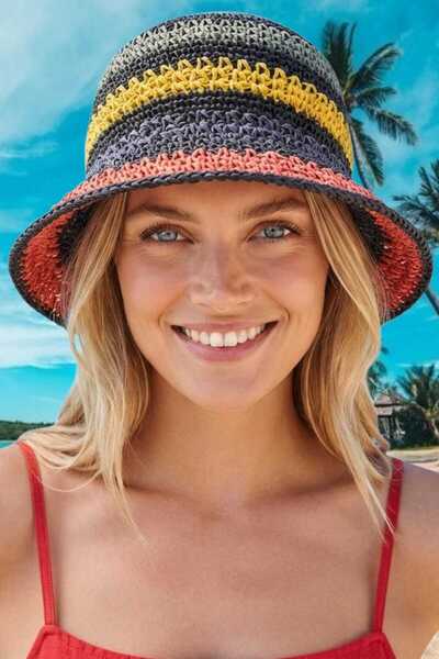Mood Agenda Women's Multi-Colored Striped Knitted Bucket Hat Straw Textured B...