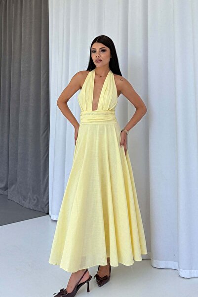 Mine Tan Butik Rochie drapată din in cu detaliu legat la gât - Galben