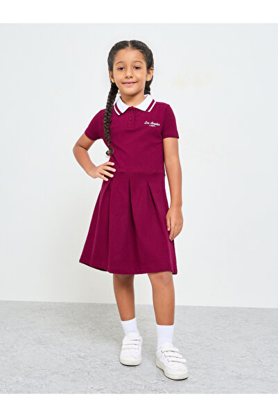 Styli Girls Burgundy Cotton Polo T-Shirt Dress