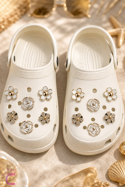 Cinderella 12'li Gold Beyaz Gül Çiçekli Taşlı Terlik Süsü Seti Jibbitz - Cros...
