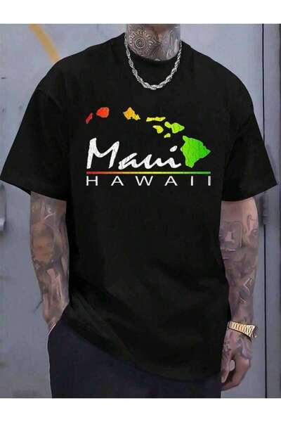 9TAY قميص العطلات - تي شيرت بتصميم خريطة ماوي الكلاسيكية ونص MAUI الجذاب، متو...