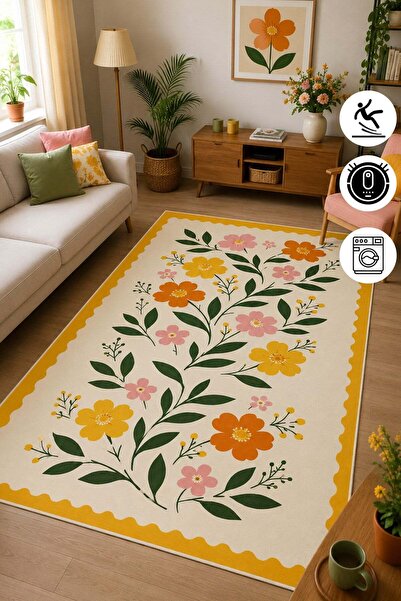 Pelura Halı Renkli Floral Desen Sarı Çerçeveli Baskılı Kaymaz Yıkanabilir Sal...