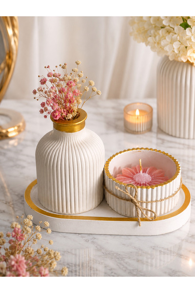 Generic Brand Luxury White Vase & Floral Candle Decor Se